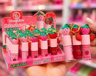 Lip Gloss morango com chaveiro Mocoallure cores separar que estevem disponível