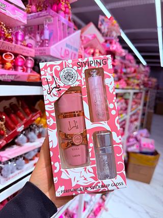 Kit perfume e lip gloss e lip balm